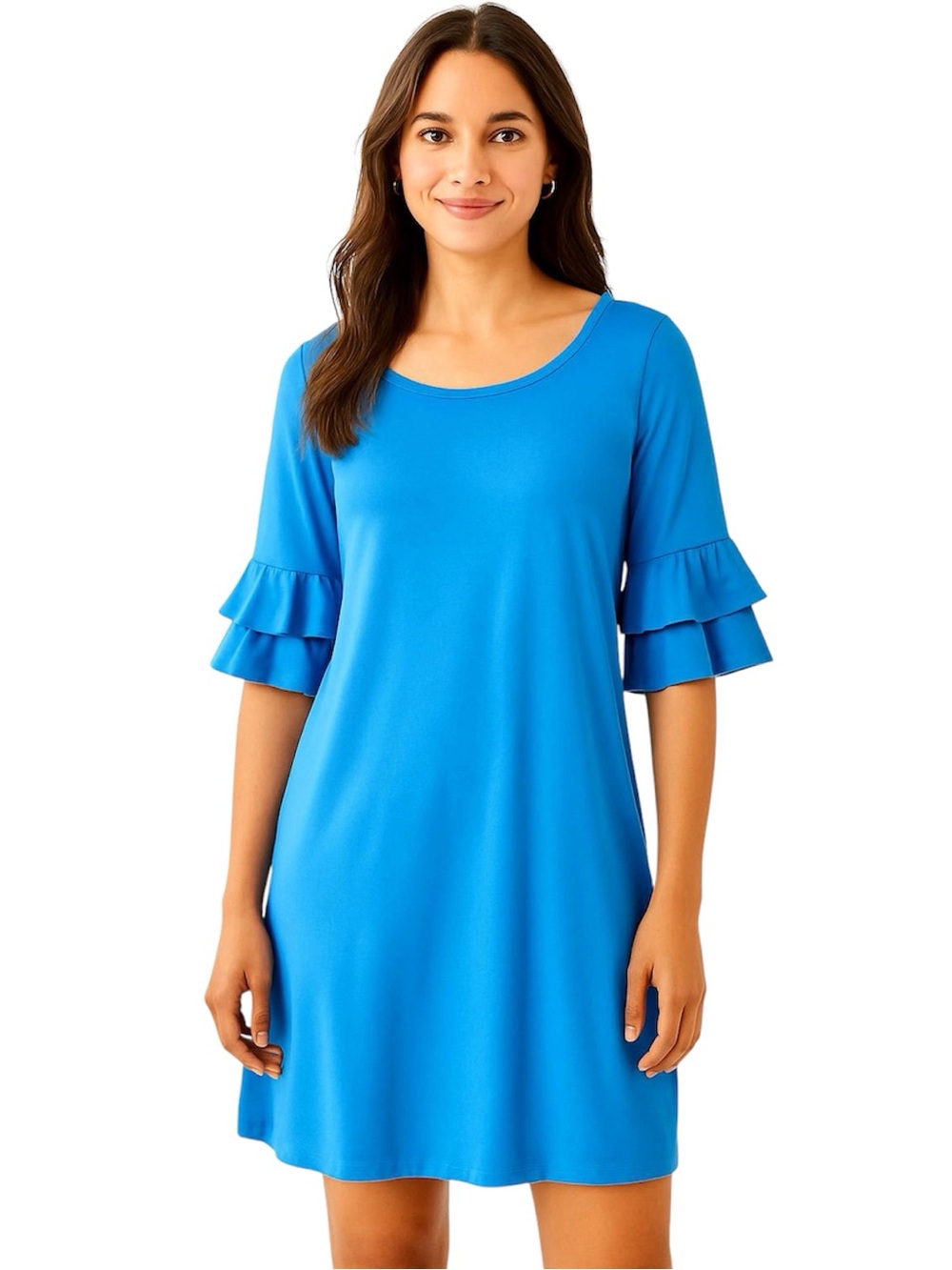 Lilly Pulitzer Lula Coastal Blue Tiered Flounce Sleeve Round Neck Dress Sz Large